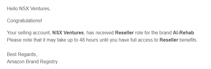 Amazon Brand Registry approval confirmation email